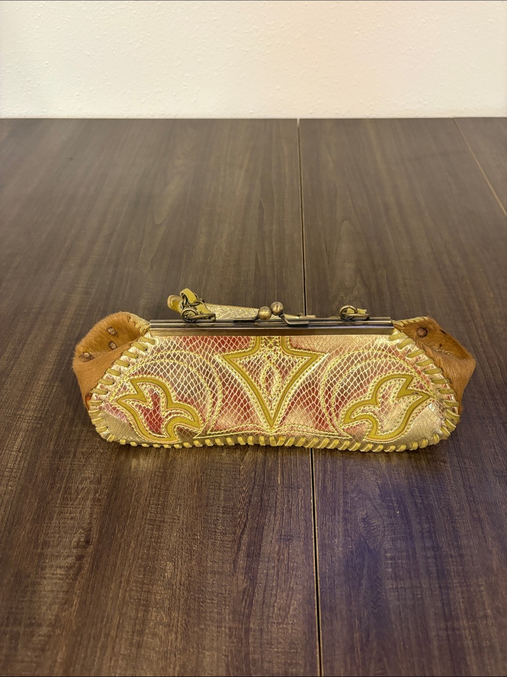 Handcrafted Tan and Gold Embossed Leather Women’s Clutch